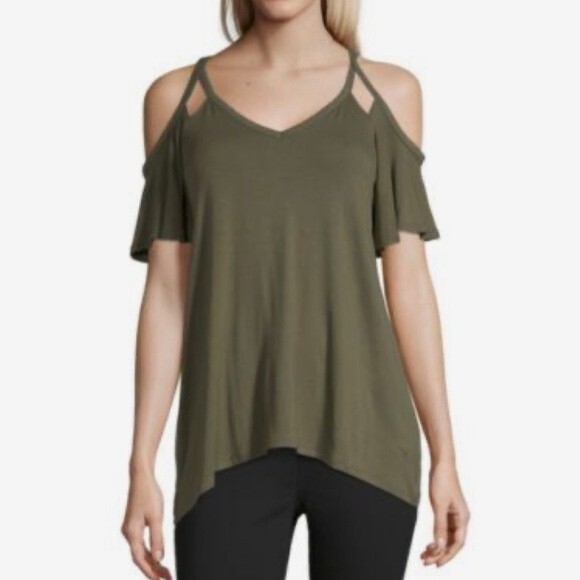 Olive green cutout off shoulder short sleeve top size large - Picture 1 of 6